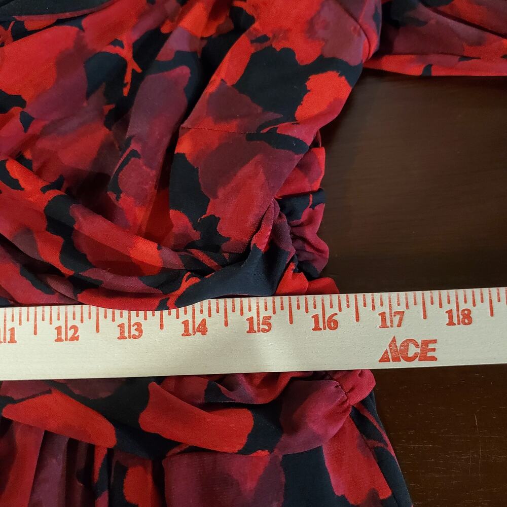 Chaps x Ralph Lauren Crossover Drape 3/4 Sleeve Faux Wrap Dress Sz XL Red Black - Picture 12 of 13